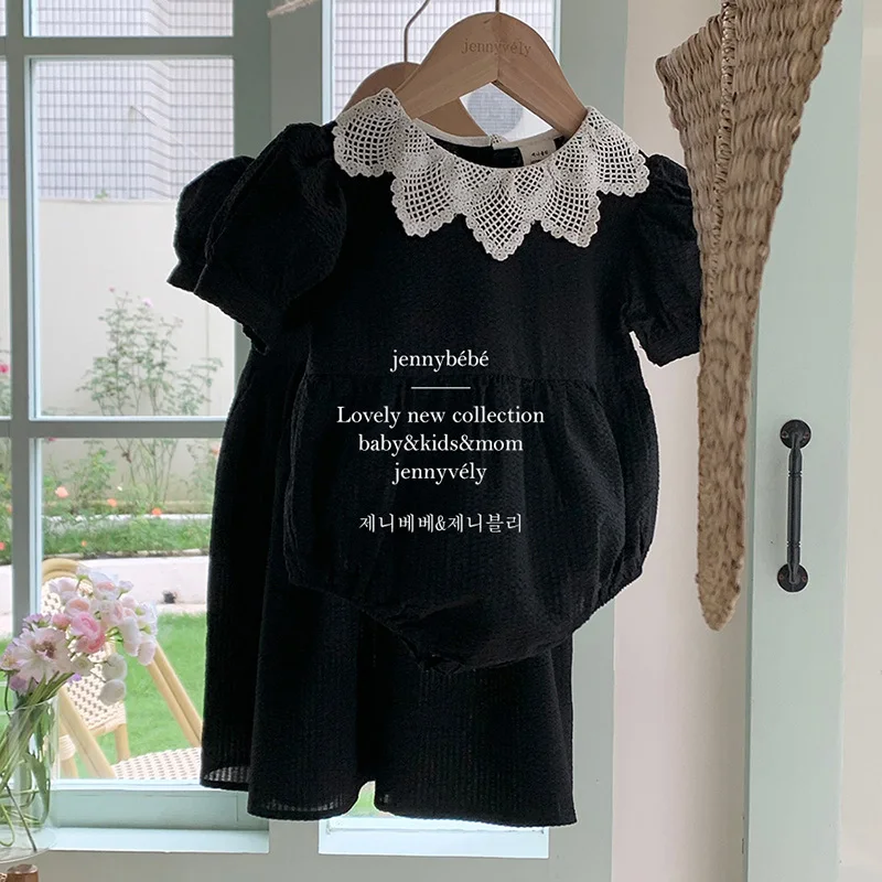 

High Quality Toddler Girls Dress Summer Short Puff Sleeve Infant Baby Bodysuit Sweet Lace Collar Newborn Clothes Children Dress