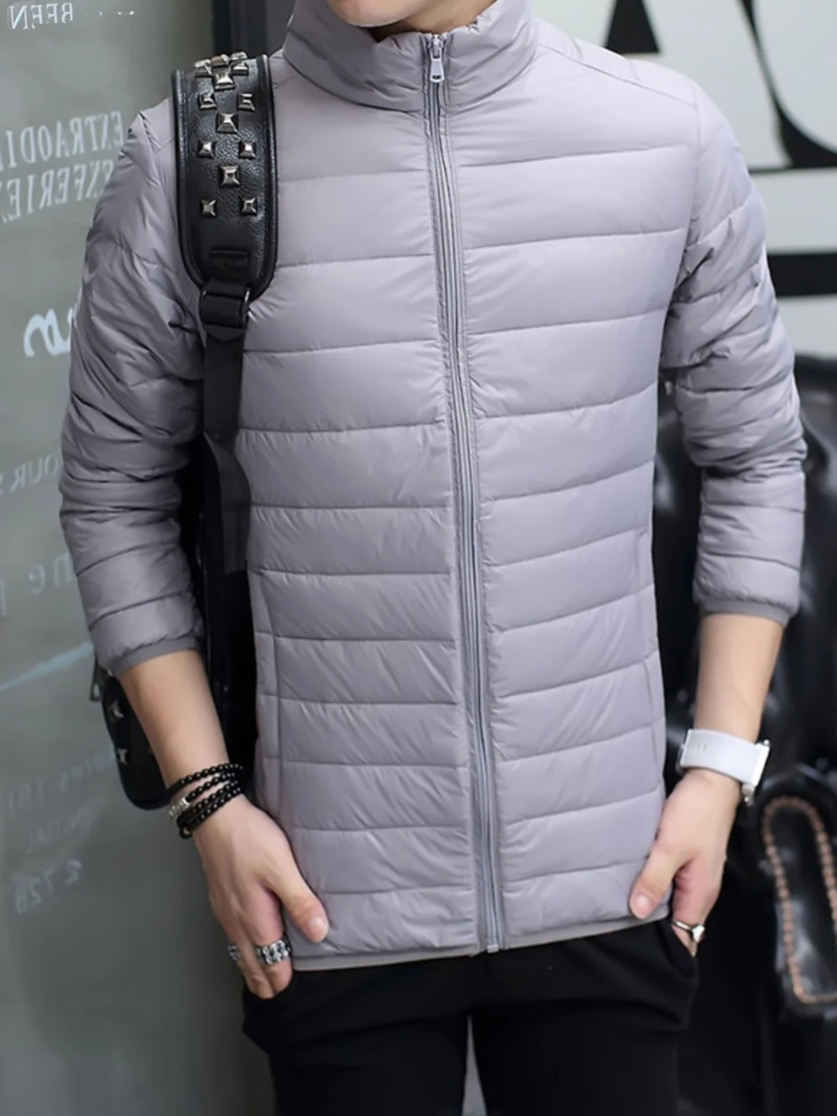 

Lightweight ort down Jaet Men's Winter Cotton Workwear Coat Youth Faion Thin White Du Feather Zipper Closure Outerwear