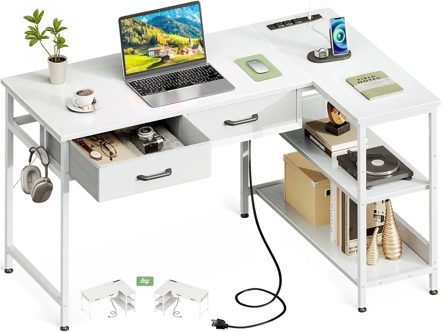 

40 H L Shaped Computer Desk With 2 Drawers, Small Desk For Small Space, Home Office Table For Laptop Users, White