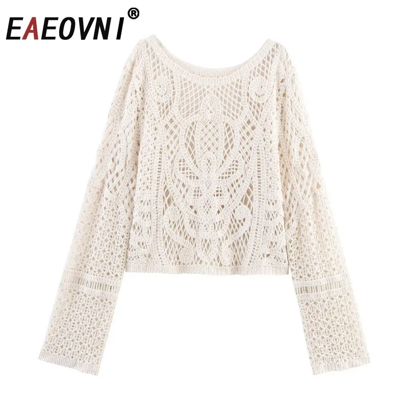 

EAEOVNI белая ажурная вязаная блузка женская повседневная свободная футболка с круглым вырезом и длинными рукавами модная 2026 весенняя новая одежда