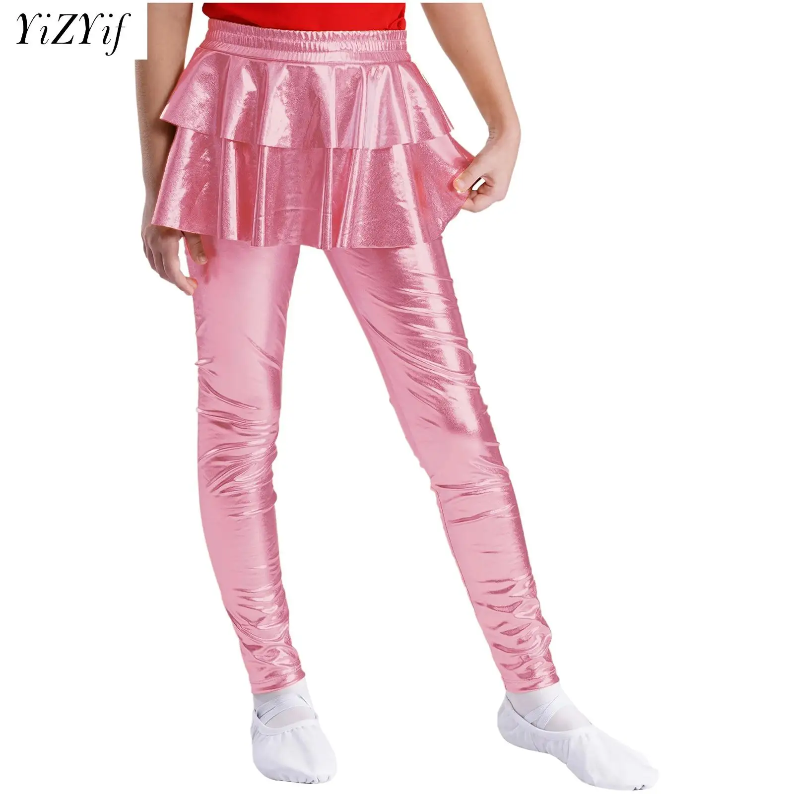 

Kids Girls Metallic Ruffled Skirted Leggings Shiny Pantskirt for Modern Hip Hop Street Jazz Dance Stage Performance Costumes