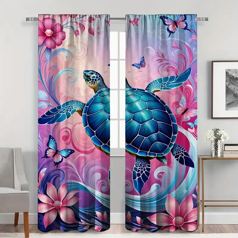 2pcs Sea Turtle Dream Curtains with Rod Pocket, Pink Lotus & Butterfly Sheer , Serene Ocean Theme for Bedroom Decor