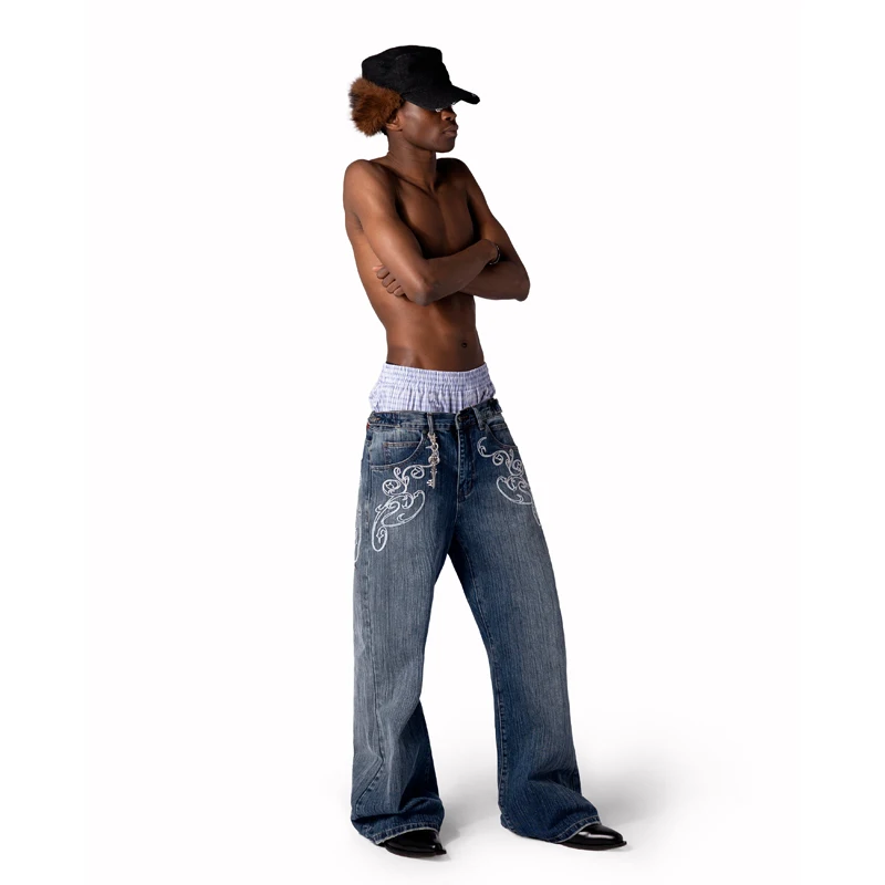 Jean Bootcut Y2K Bleu Délavé Vintage Brodé Homme Femme Pantalon Harajuku High Street Streetwear Unisexe Décontracté