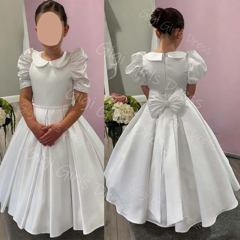 

Белое платье для девочек на свадьбу, для подружек невесты, с воротником-стойкой, пышными рукавами, для первого причастия, с бисером/бантом, нарядное платье на заказ