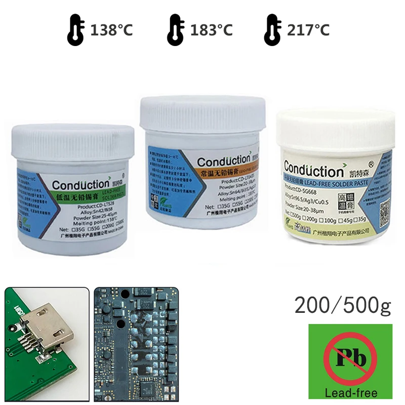 

Lead-Free Solder Tin Paste 138℃/183℃/217℃ Lead-Free Syringe Flux For Soldering PCB CPU LED SMD BGA Repair Welding Paste 200/500g