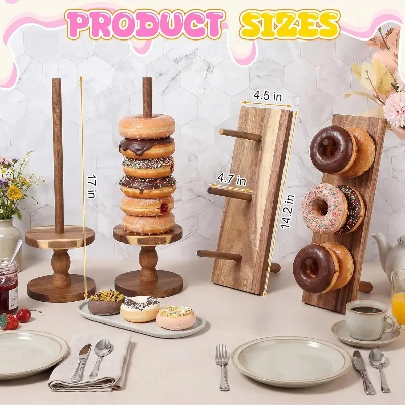 2 Pcs Donut Wall Holders Acacia Wood Donut Stand Bagel Display Stand for Party Dessert Table Birthday Wedding  Bridal