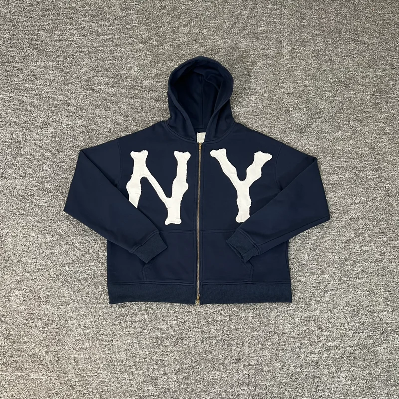 

Толстовка на молнии с вышивкой в стиле Нью-Йорка, толстовка на молнии для мужчин и женщин, винтажные потертые уличные повседневные свободные зимние пуловеры