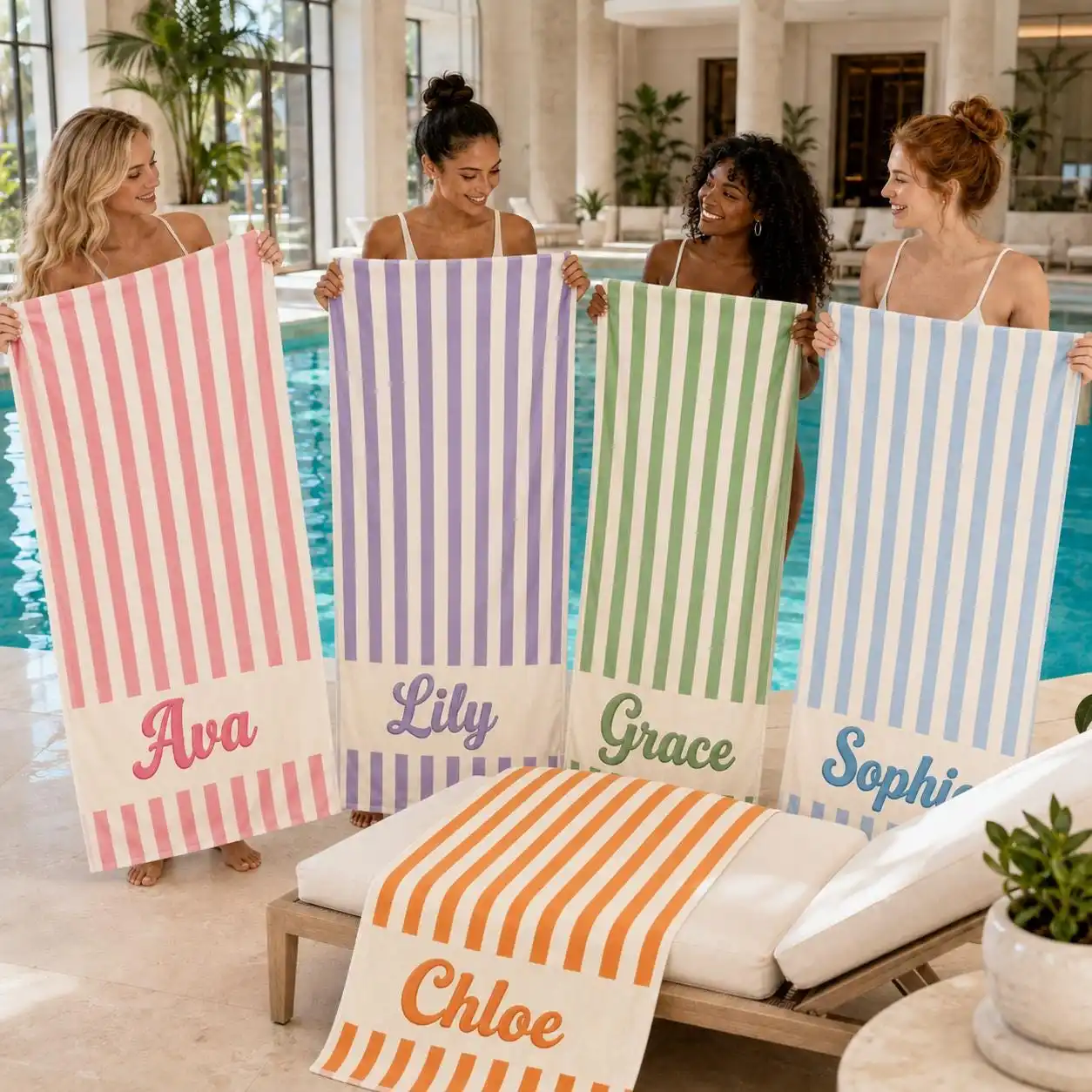 Personalized Striped Beach Towel Custom Name/Logo Oversized Microfiber Towel Summer Party Gift for Beach Swimming Bath Sports