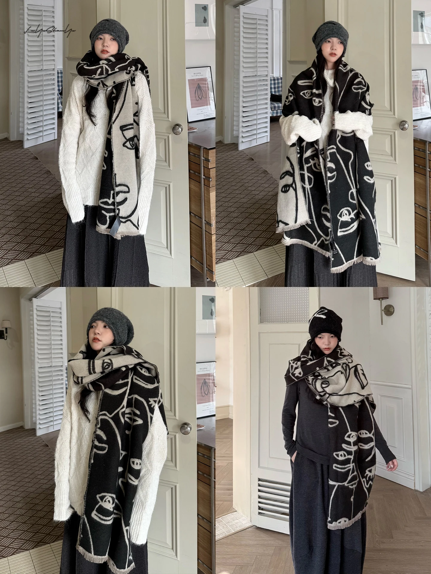 

Land And Mountain Island Cloud Double-Sided Hand-Painted Line Smile Warm Winter Scarf Shawl Ultra Large Size Cashmere Simulation
