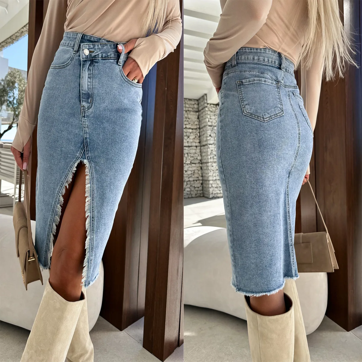 Women Spring Summer New Slit Fashion Casual Solid Color Denim Skirt High Waist Sexy Slim Skinny Ankle Length Skirt