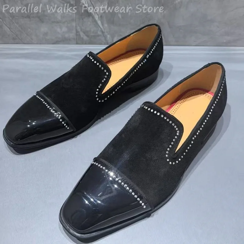 Mens Black Suede Patent Leather Loafers Rhinestone Crystal Slip On Pointed Toe Evening Dress Shoes Formal Party Dinner Footwears