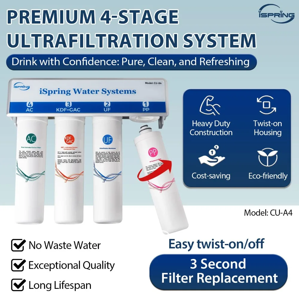 CU-A4 0.01μm การกรองพิเศษภายใต้อ่างล้างจานระบบกรองน้ํา Tankless ความจุสูง 4 ขั้นตอน ขจัดสารปนเปื้อน 99.99%