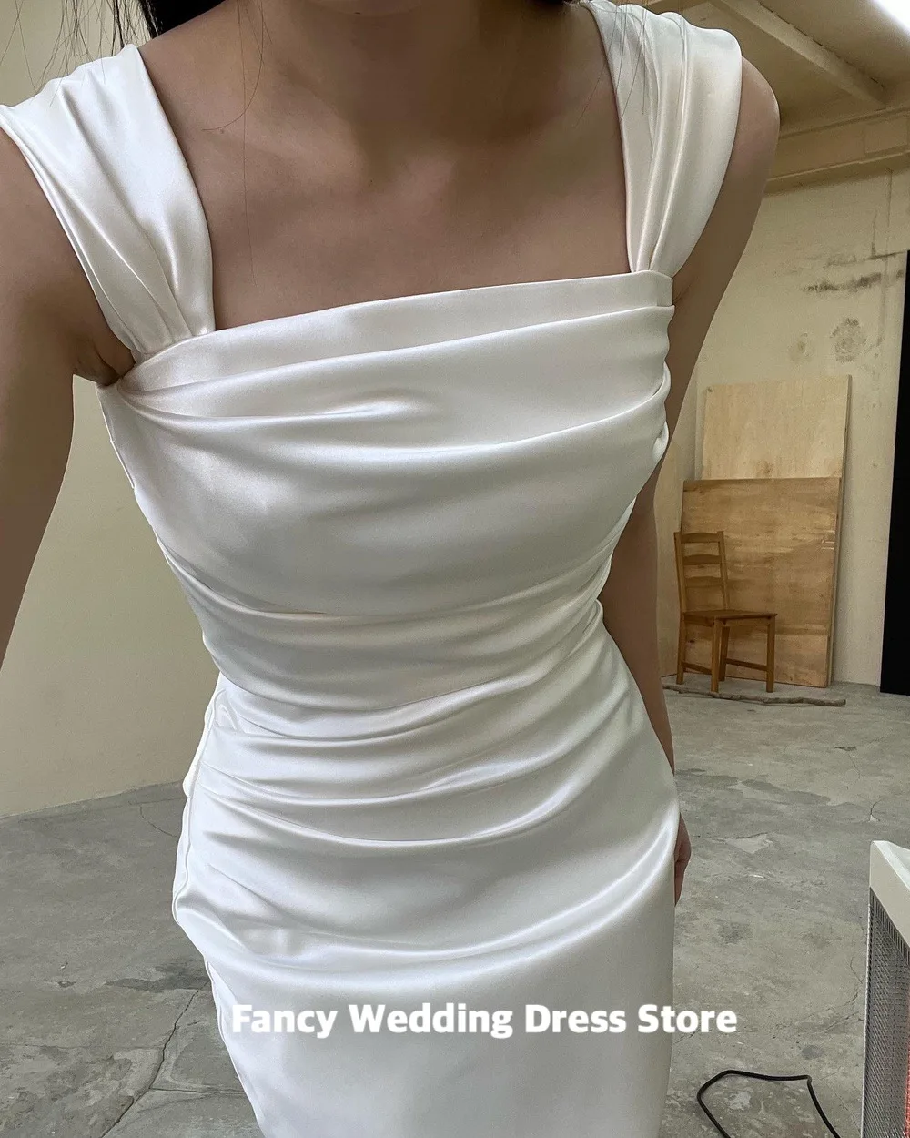 Fancy Elegant Sheath A Line Korea Wedding Dress Sleeveless Square Neck Bridal Gown Floor Length Satin 웨딩드레스 Custom Made