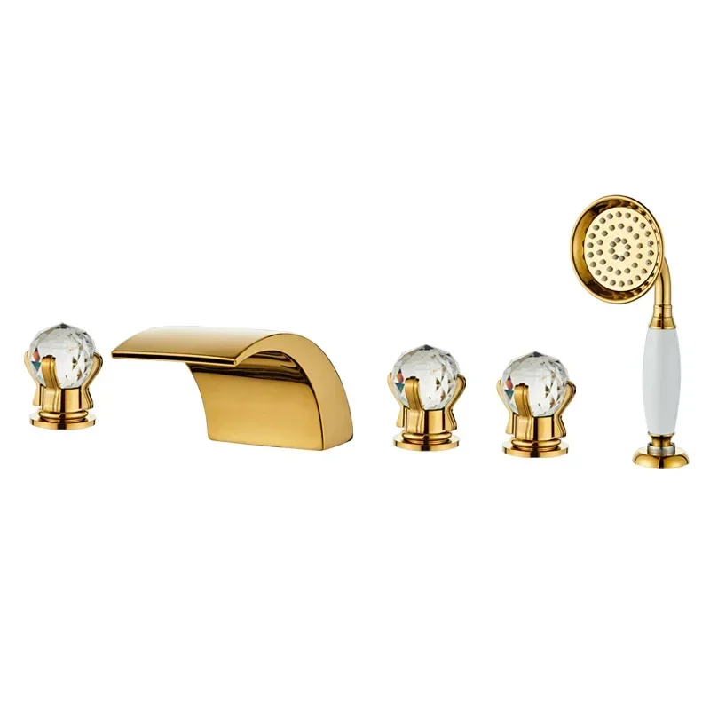 

American gold crystal waterfall bathtub faucet, cylinder side all-copper five-hole split shower hot and cold faucet