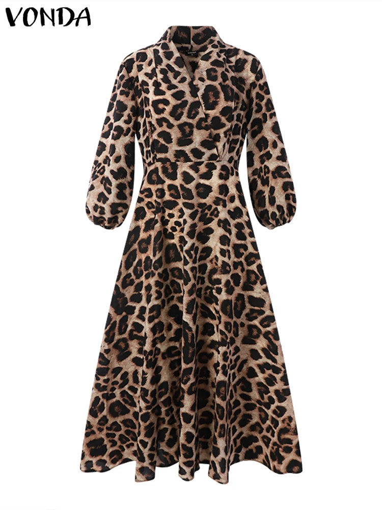 VONDA-Vestido largo bohemio para mujer, traje Retro con estampado de leopardo, manga farol, elegante, informal, de gran tamaño, para fiesta, 2024