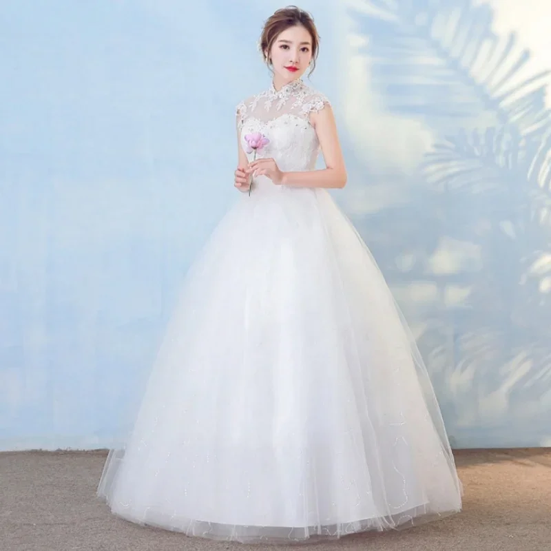 

Customized White Wedding Dress Bling High Collar Sleeveless Lace up Princess Floor-length Plus size Women Bride Ball Gown FH027