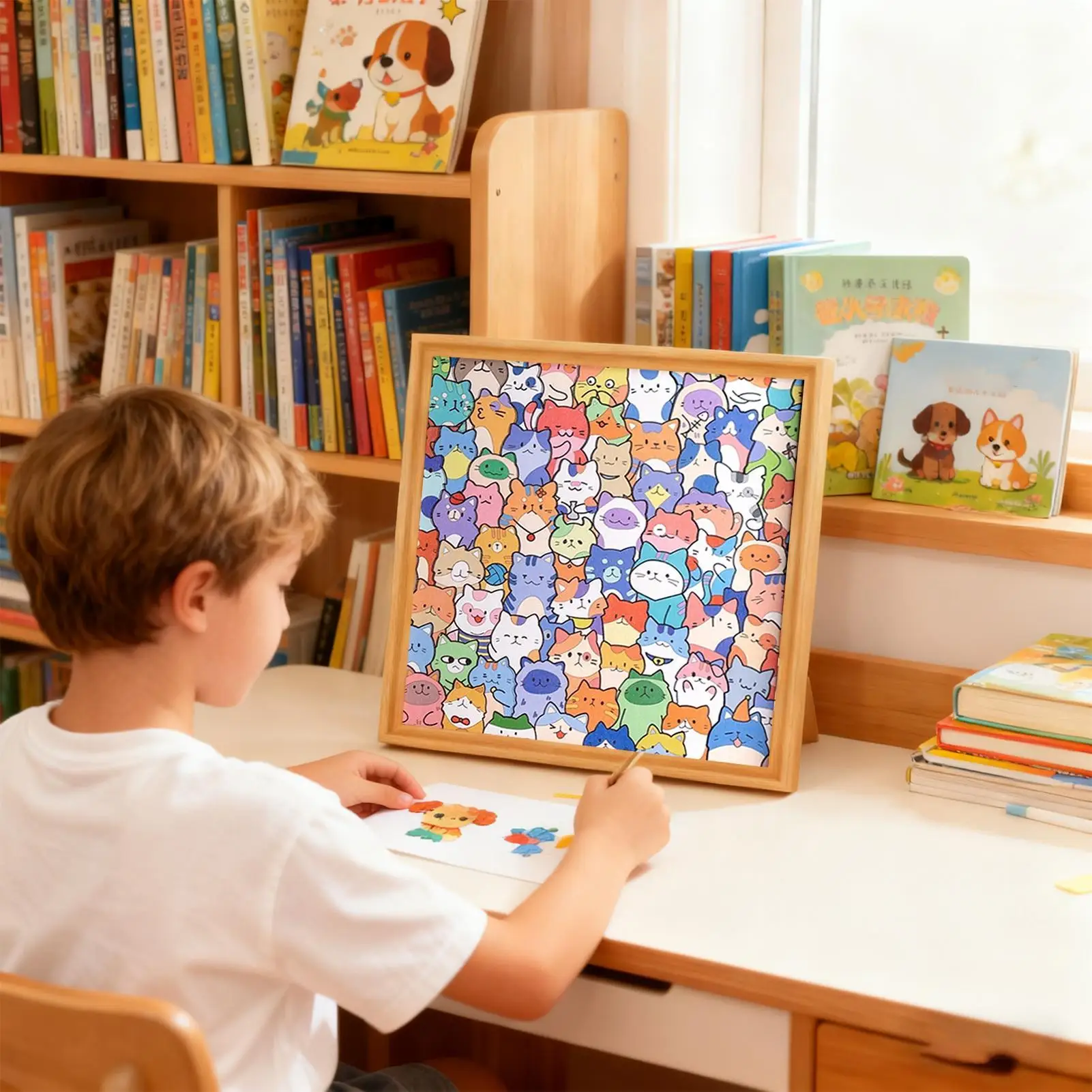 木製猫パズル カラーリング猫教育玩具 かわいい子猫の絵画パズルゲーム 子供用 男の子 女の子 旅行 ホームスクール