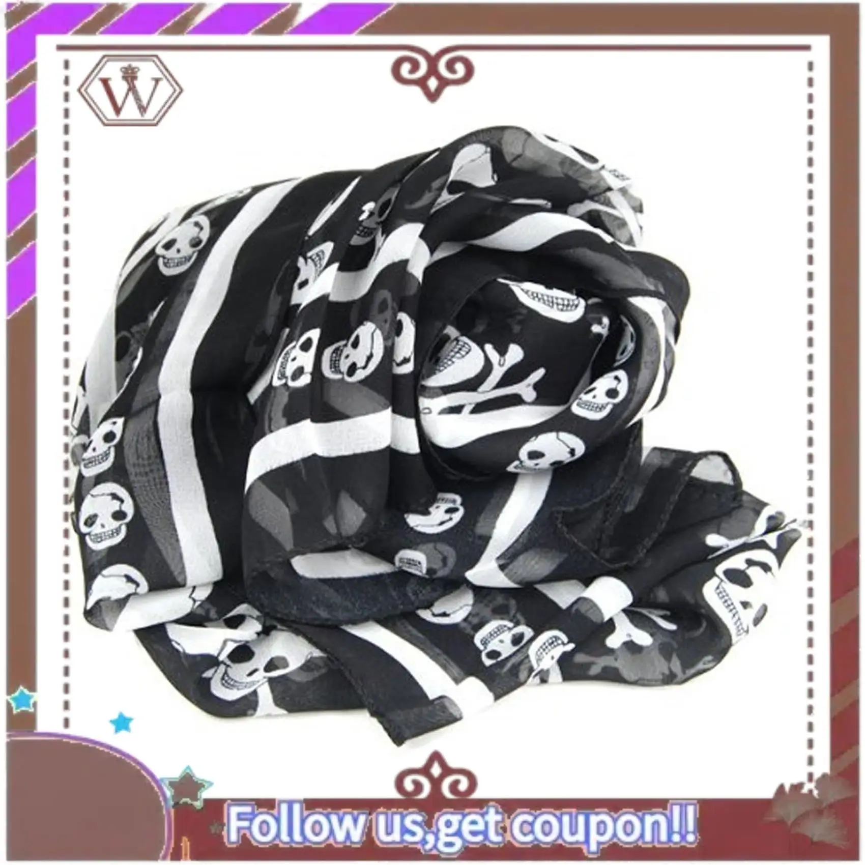 (ใหม่)-2X สีดําชีฟองผ้าไหม Skull พิมพ์แฟชั่นผ้าพันคอยาว Shawl Scaf สําหรับผู้หญิง + พวงกุญแจ