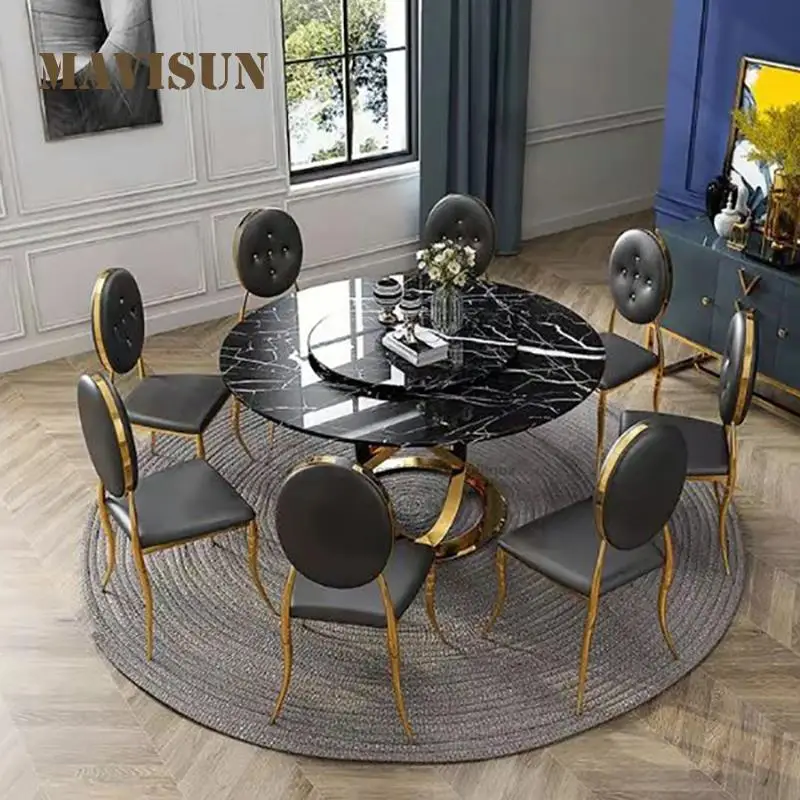 

Large Family Table Dining For Kitchen Round Household Table With Glossy Natural Marble Turntable White 1.5m Desk And 6 Chairs