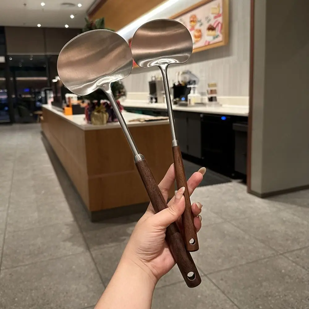 304 Stainless Steel Seamless Spatulas Walnut Stainless Steel Fried Shovel Long Handle Beveled Slotted Spoon Kitchen Tools