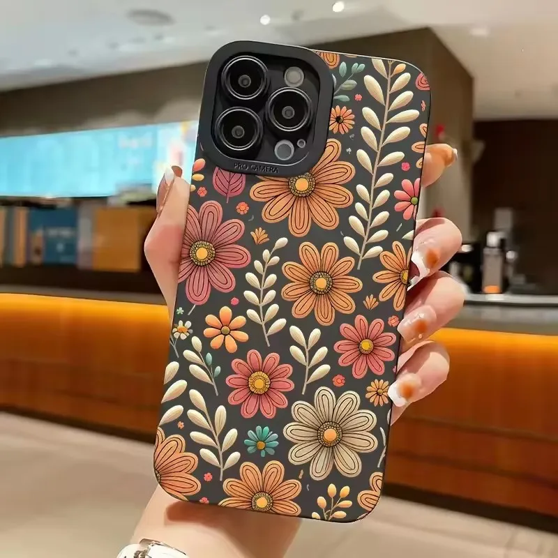 For iPhone 16 Pro Max 15 14 13 12 11 Case Vintage Line Flower Sunflower Pattern Phone Case For iPhone XS Max X XR 7 8 Plus Cover