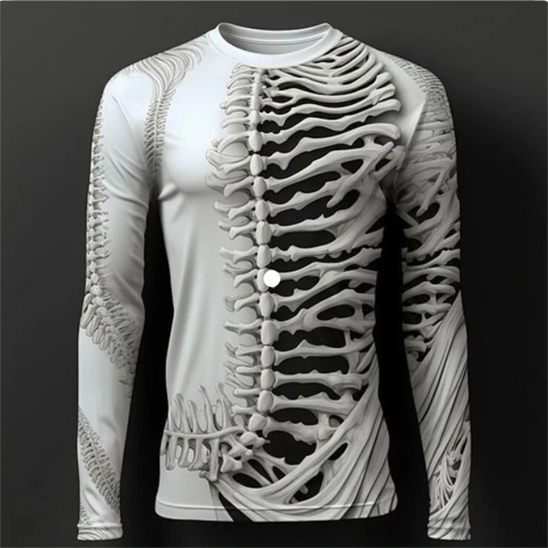 Nowa koszulka z nadrukiem 3D Skeleton Skull Pattern Mężczyźni Długi rękaw Casual Fashion T Shirt Top Oddychająca odzież uliczna Luźne koszulki
