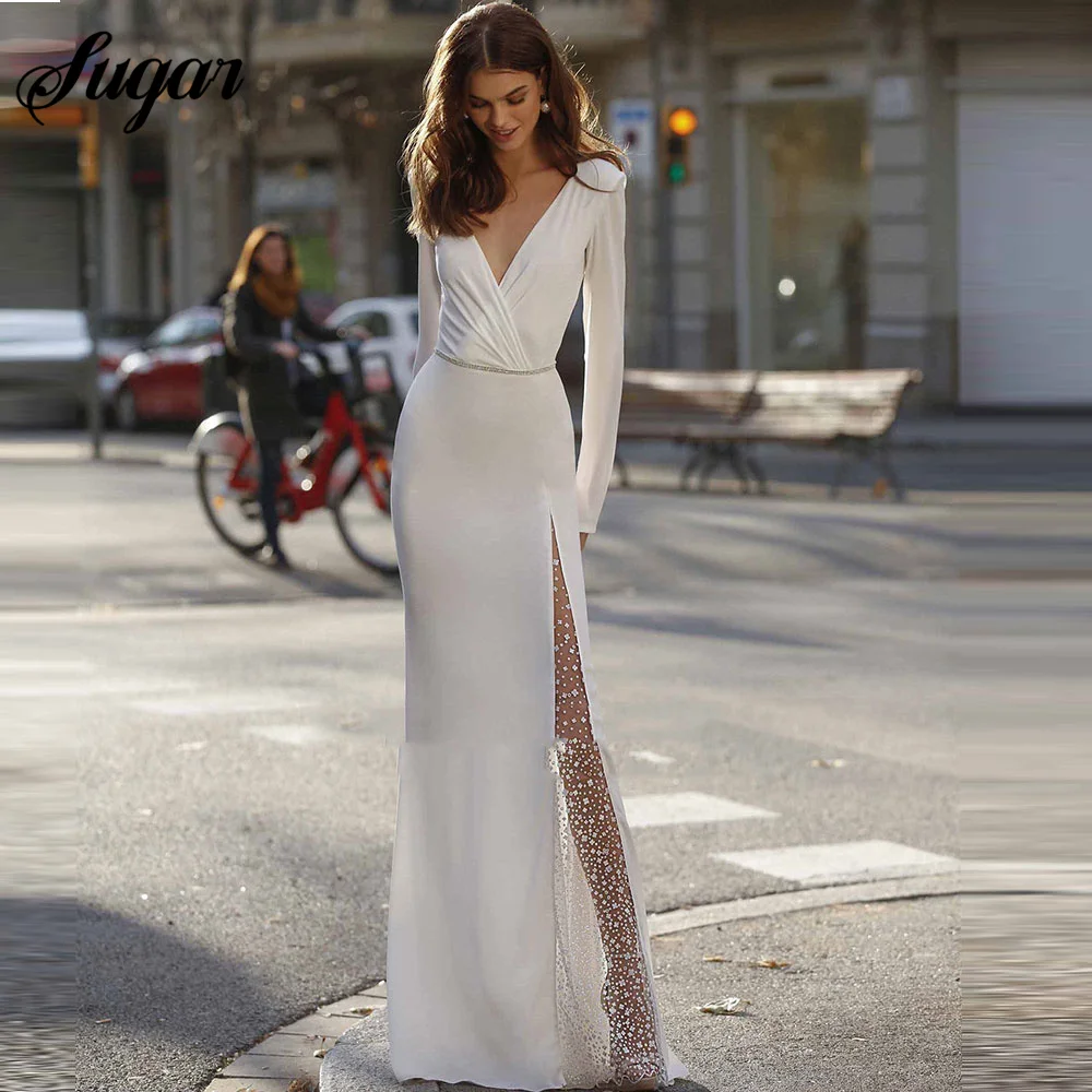 Long Sleeves Deep V-Neck Wedding Dresses Sheath Mermaid Bride Dresses Simple Soft Satin Backless High Slit Wedding Gowns