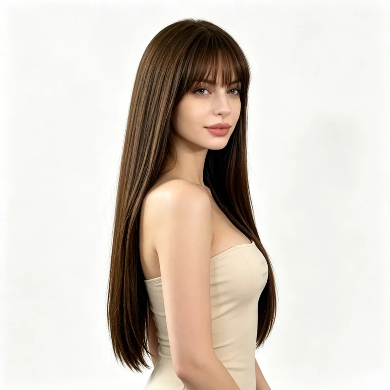 New Fashionable Air Bangs Long Straight Hair Women'S Wig Personalized Outdoor Party Simulation Head-Wearing Synthetic Wig