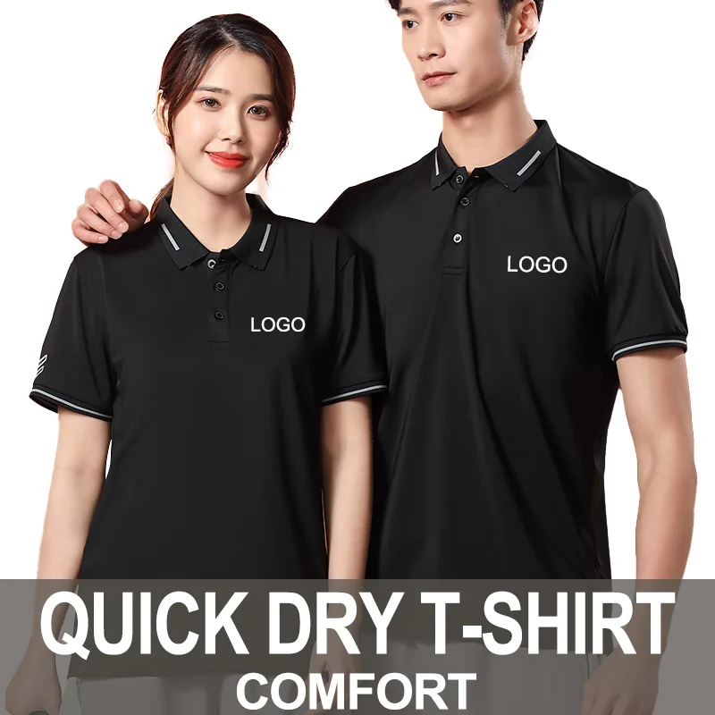 Fashionable Unisex Business Workwear Cool And Breathable Black Polo With Lapel Man Short Sleeve Custom Printing Logo T-shirt