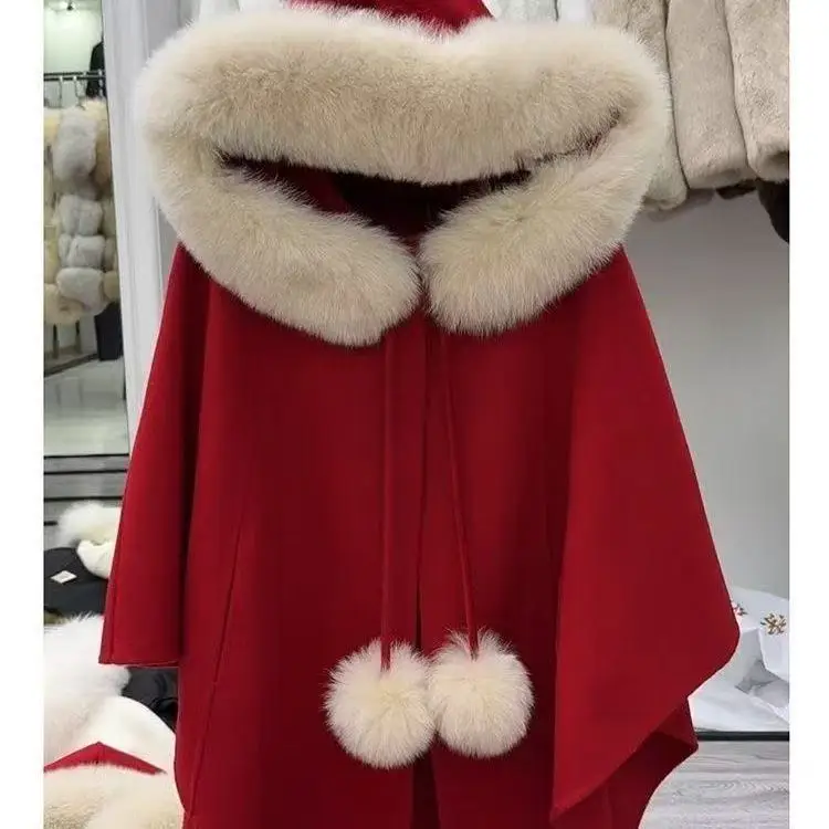Lucky Christmas Red Hooded Cloak Women's Artificial Fur Woolen Shawl Autumn Winter Thicken Plush Collar Cape with Hat New Year