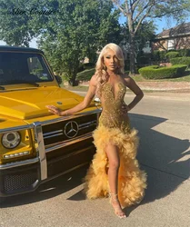 Sparkly Gold Diamonds Mermaid Prom Dress 2026 For Black Girls Glitter Rhinestones Beads Ruffles Birthday Party Dress Customized