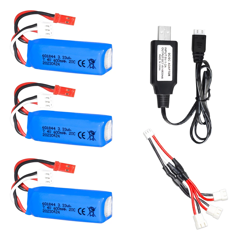 7.4V 600mAh Lipo Batterij en USB Lader voor WLtoys K969 K979 K989 K999 P929 P939 RC Auto speelgoed accessoires 2S 7.4v 601844   Batterij