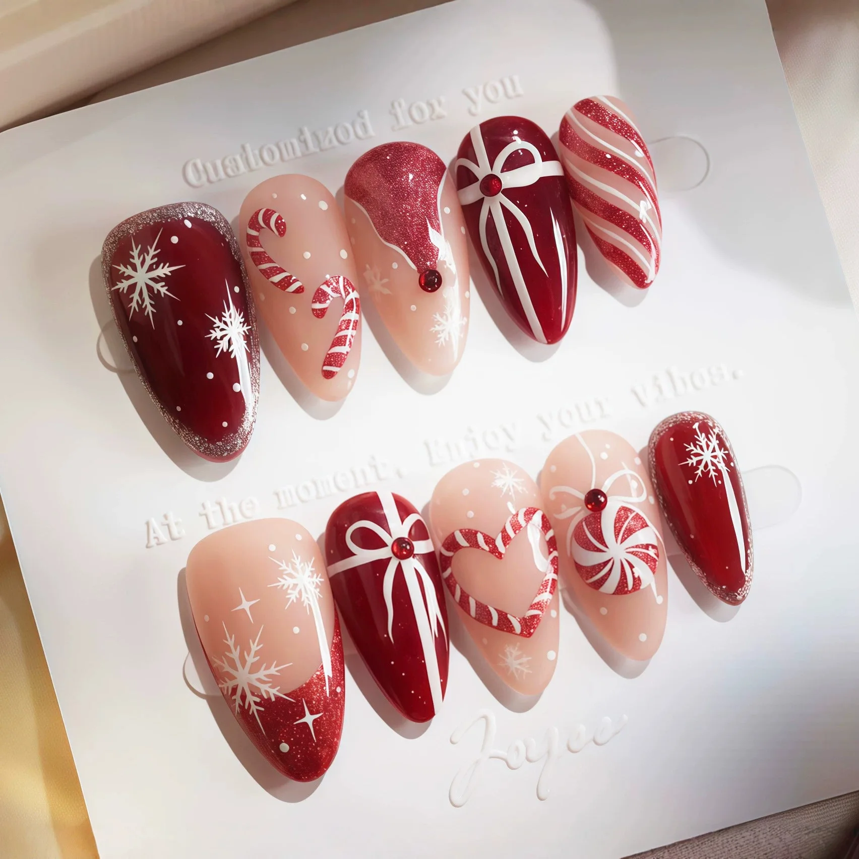 24pcs Candy Cane Press on Nails Tips Christmas Almond False Nail Reusable Polka Dot Full Cover Sets Glitter Red Green Fake Nails