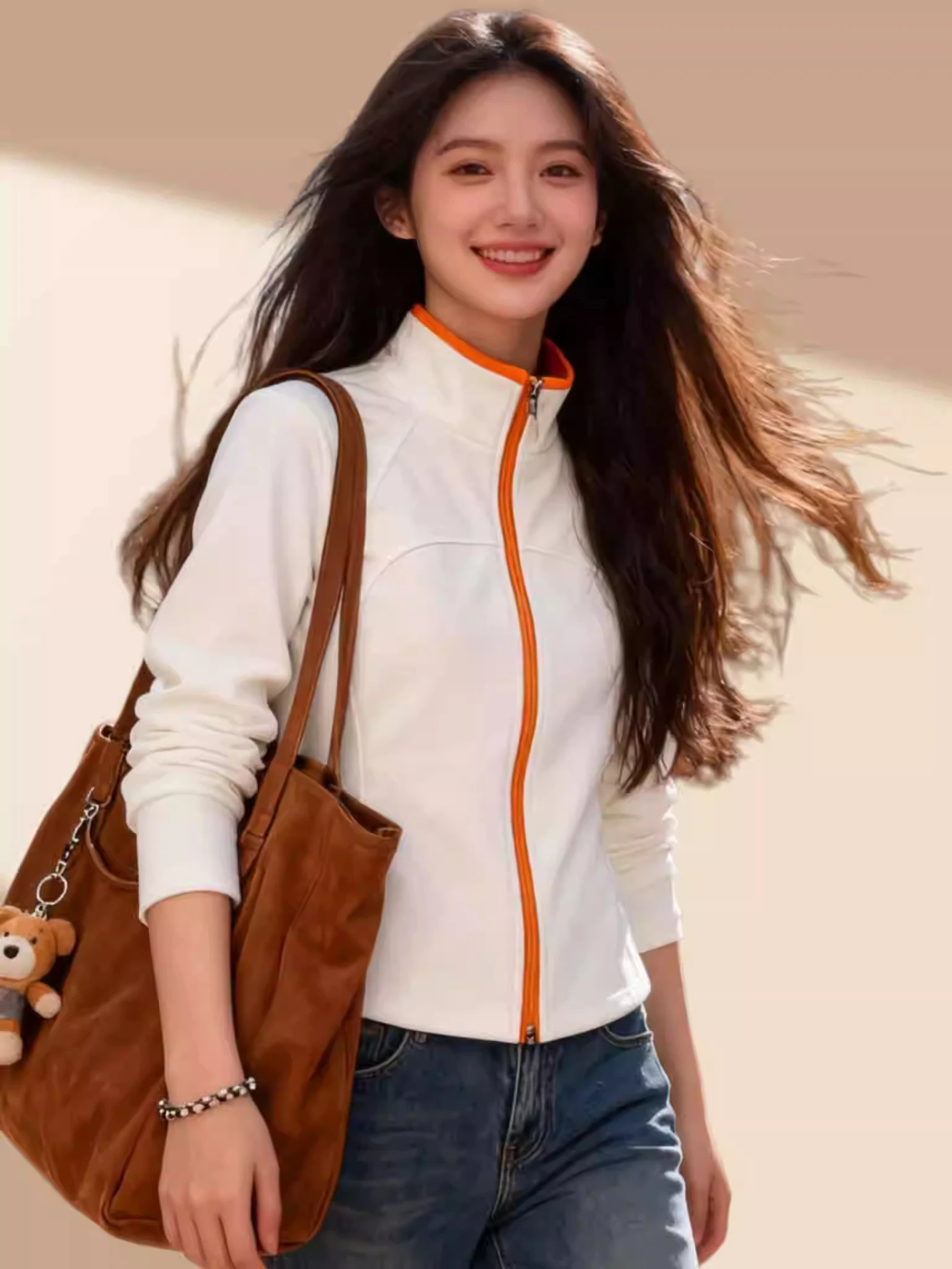 

Slim Fit Zipper Short Jacket Long Sleeve Stand Collar Color Block Contrast Spring Autumn plus Size Design Casual Sporty Style