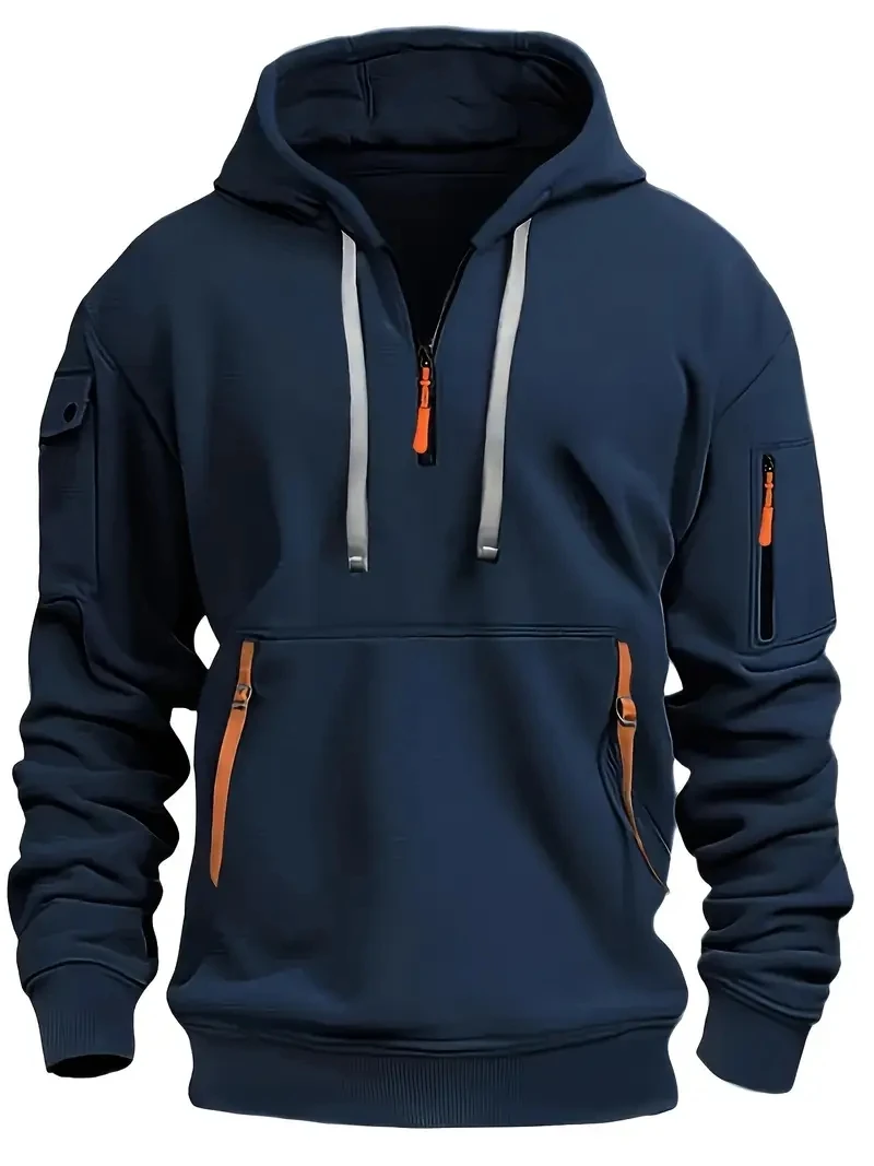 

Best-selling men's large-pocket comfortable and breathable half-zip hooded drawstring fringed sweatshirt with a luxurious style