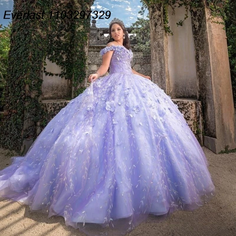 EVLAST messicano lavanda Quinceanera abito da ballo 3D Applique floreale perline corsetto dolce 16 abiti De XV 15 Anos TQD725