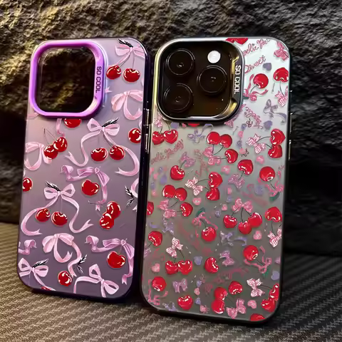 Colorful Ribbon Bow Cherry Plating Case for Samsung Galaxy S25 S24 S23 Ultra S22 S21 Plus FE A56 A36 A26 5G A16 A06 4G Note 20