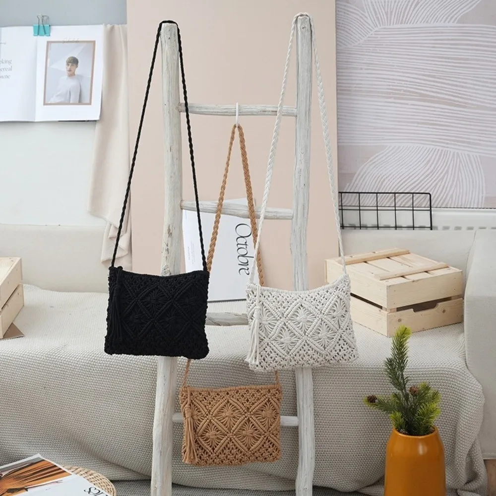 New Retro Style Messenger Bag Hollow Out Rectangular Woven Beach Bag with Tassel Shoulder Bags Travel Use
