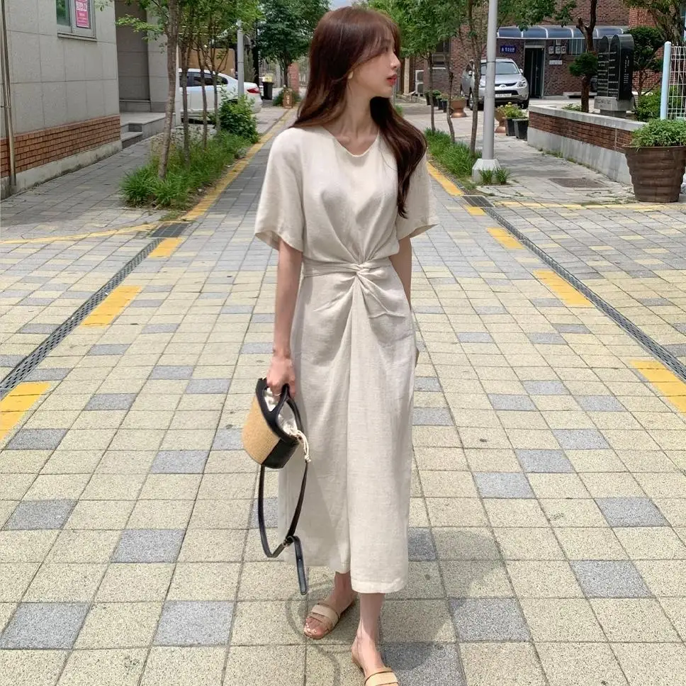

Retro Summer Chic round Neck Design Cross Knot Belted Short Sleeve Slit Dress Korean Style Women's Fashion Spring Autumn Winter