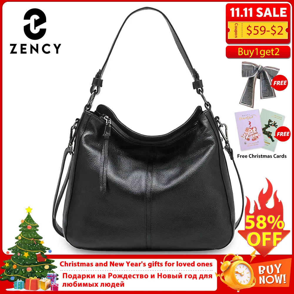 

Zency 100% Genuine Leather Elegant Women Shoulder Bag Classic Black Hobos Roomy Casual Tote Handbag Crossbody Messenger Grey