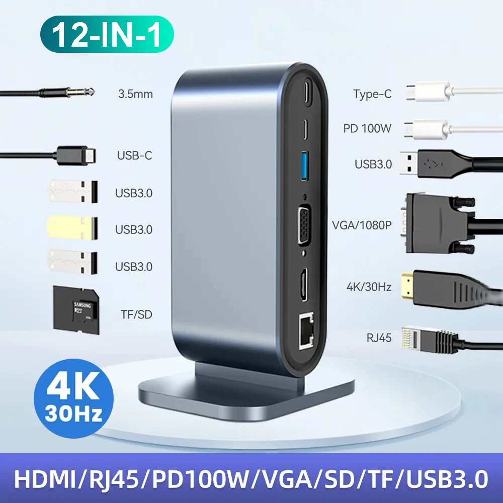 12-in-1 USB C Docking Station TYPE C to HDMI Adapter 4K HD PD 100W VGA RJ45 3.5mm SD TF USB 3.0 Splitter for Laptop MacBook