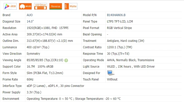 Schermo LCD IPS 14” FHD Per N140HCG-GQ2 – 1920x1080, Opaco, Con Nastro Adesivo