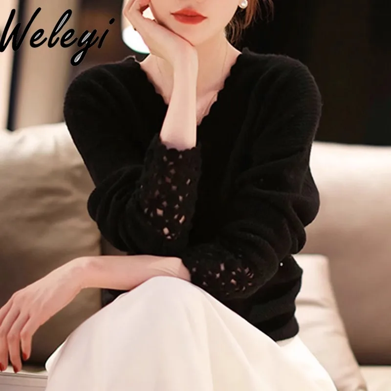 Women's Splicing Crochet Cashmere Sweater Autumn and Winter New Casual Loose V-neck Pullover Long Sleeved Knitted Wool Pullovers