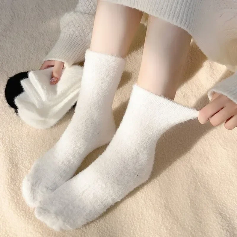 1/2Pairs Mink Fleece Socks Socks for Women Winter Mid-tube Socks White Thickened Warm Coral Fleece Sleeping Socks Kawaii Socks