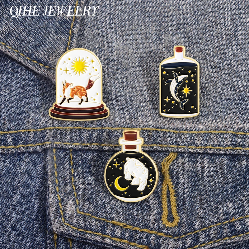 Cartoon Animal Celestial Bodies Art Collection Enanel Pins Fox Sun Whale Star Bear Moon Retro Metal Brooches Clothes Lapel Badge