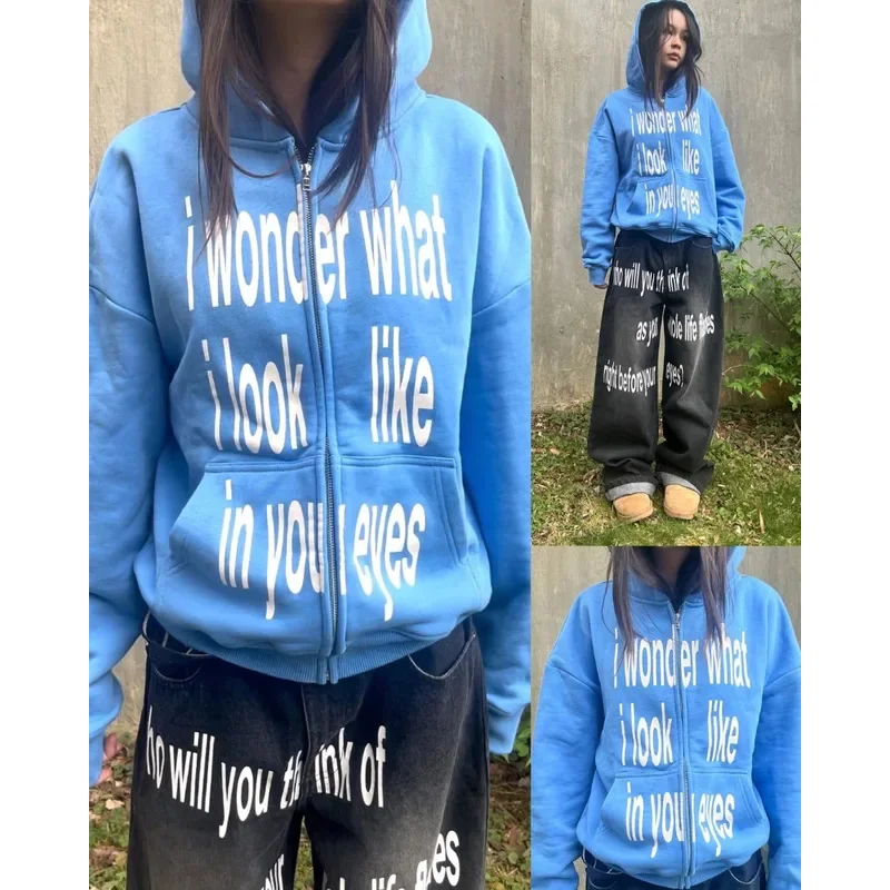 

Повседневная свободная толстовка большого размера в американском стиле Y2k Harajuku, толстовка на молнии с надписью, женская модная индивидуальная одежда в стиле хип-хоп для мужчин
