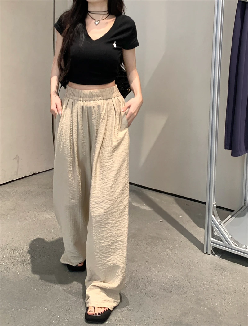 

2024 Summer New Korean System East Gate Cotton Hemp Fold Wide Leg High Waist Straight Leg Casual Pants Women