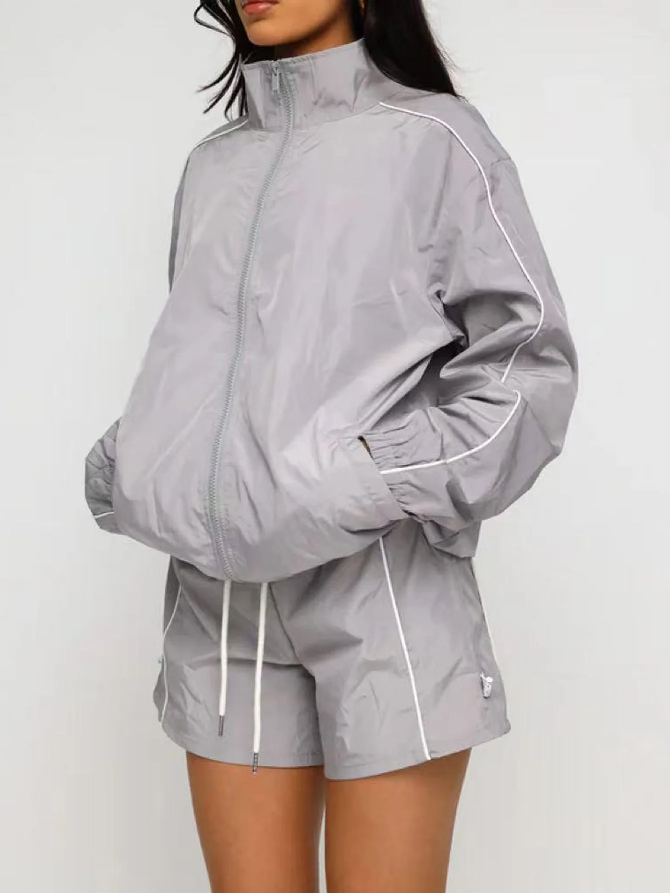 

Women's Stand Collar Zipper Drop Shoulder Jacket, Casual Sporty Outerwear, Loose Fit Fall Winter Coat, Spring Autumn Fashion