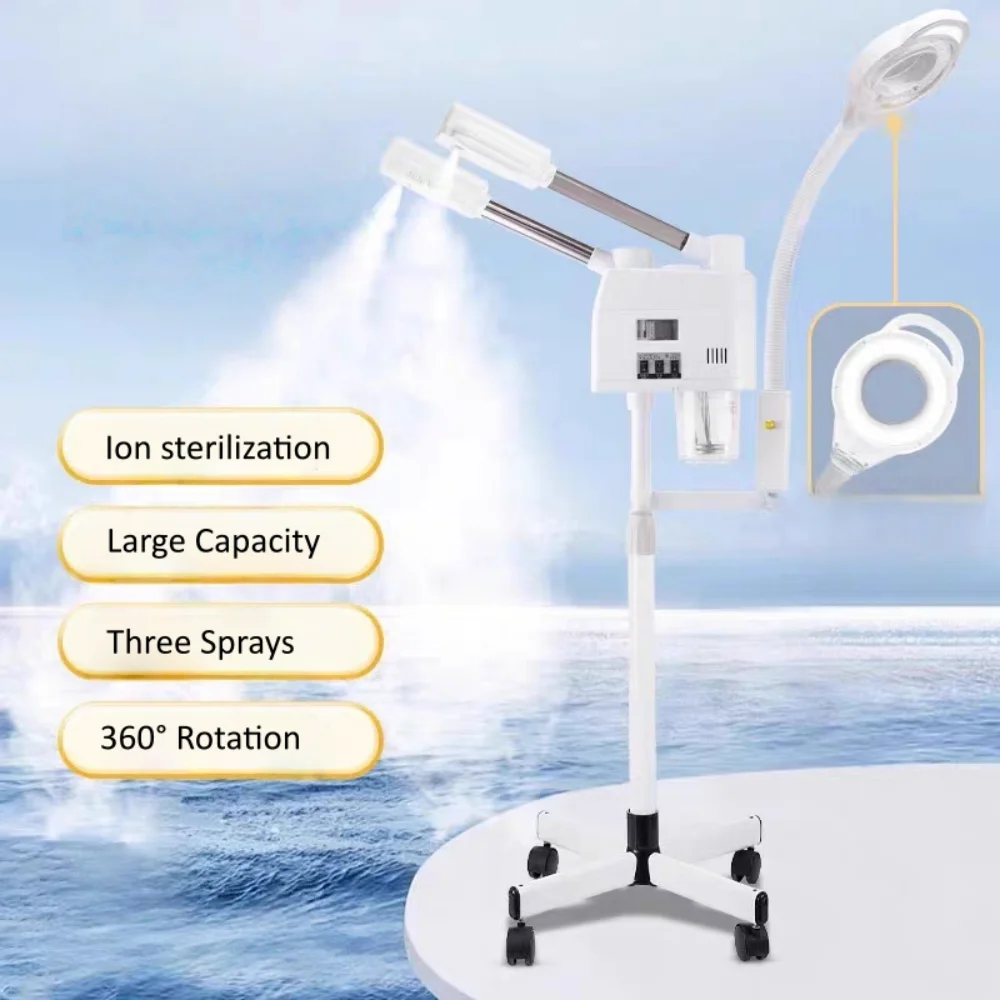 3-in-1 Nano Ionic Facial Steamer with Hot/Cold Steam & Ozone 8X LED Magnifying Lamp for Salon/Spa Skin Care Beauty Treatment