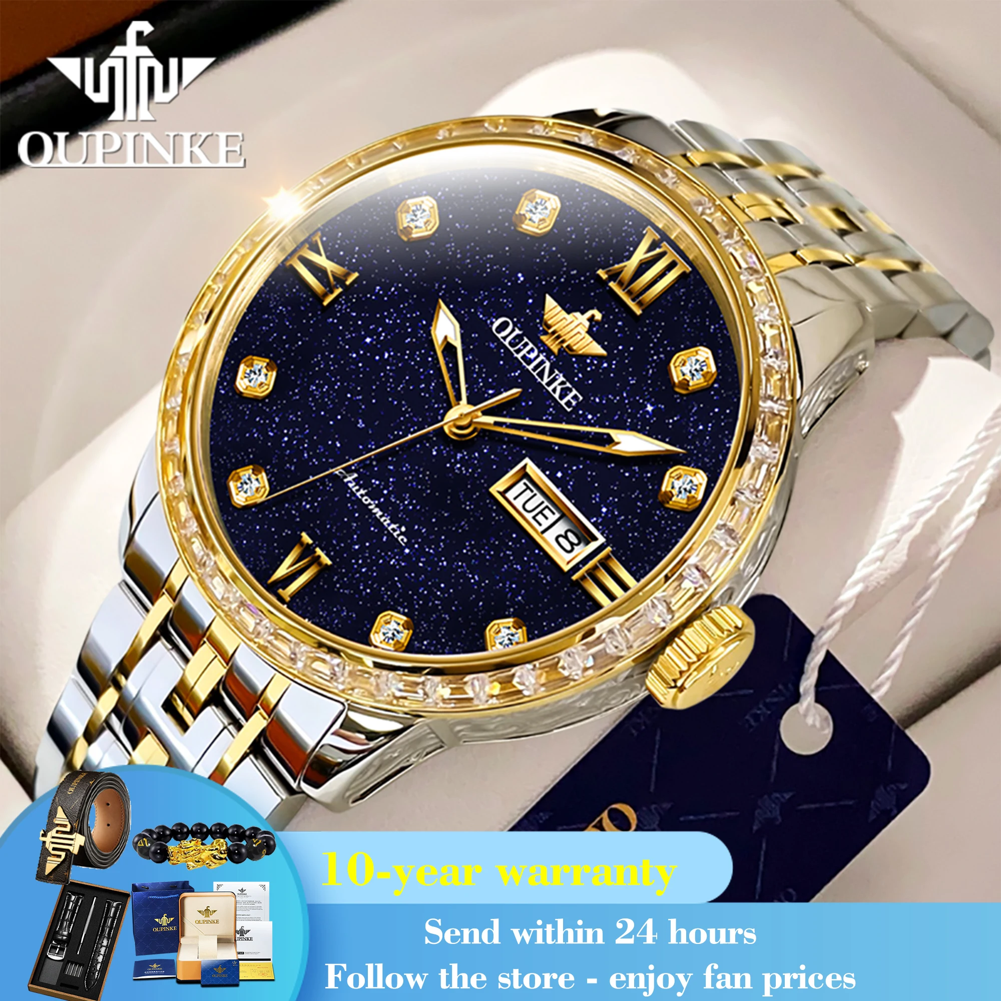 OUPINKE 3241 Luxury Starry Sky Dial Mechanical Watch For Men Deep Waterproof Automatic Man Wristwatch Dual Calendar Dress Watch